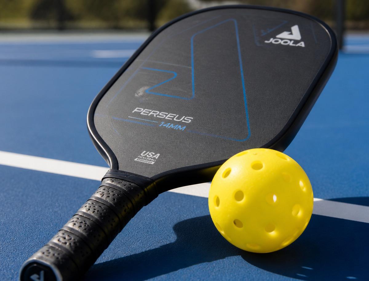 Pickleball paddle and yellow ball on a blue outdoor court